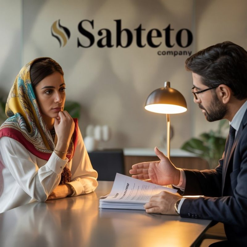 زن تاجر ایرانی در حال مشاوره گرفتن از یک وکیل برای ثبت برند در اتحادیه اروپا